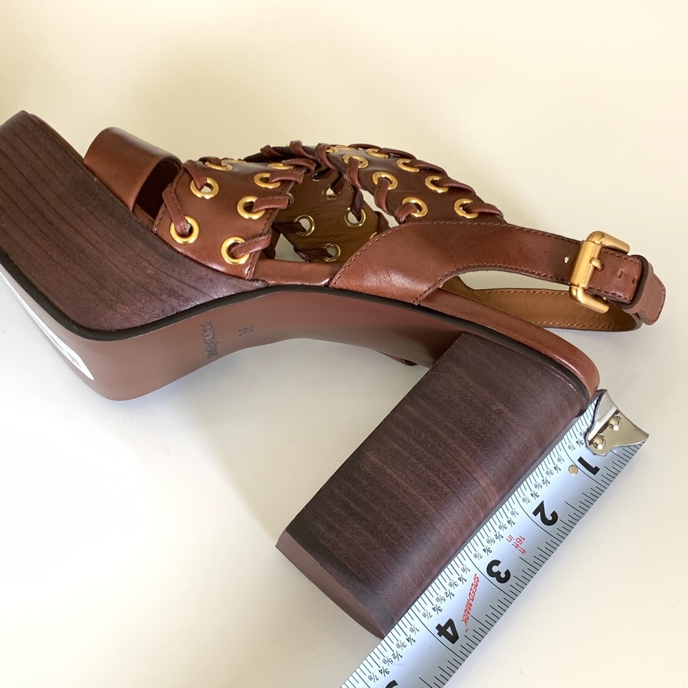 See By Chloe Brown Leather Platform Sandal with Gold Eyelet Details - Picture 5 of 7